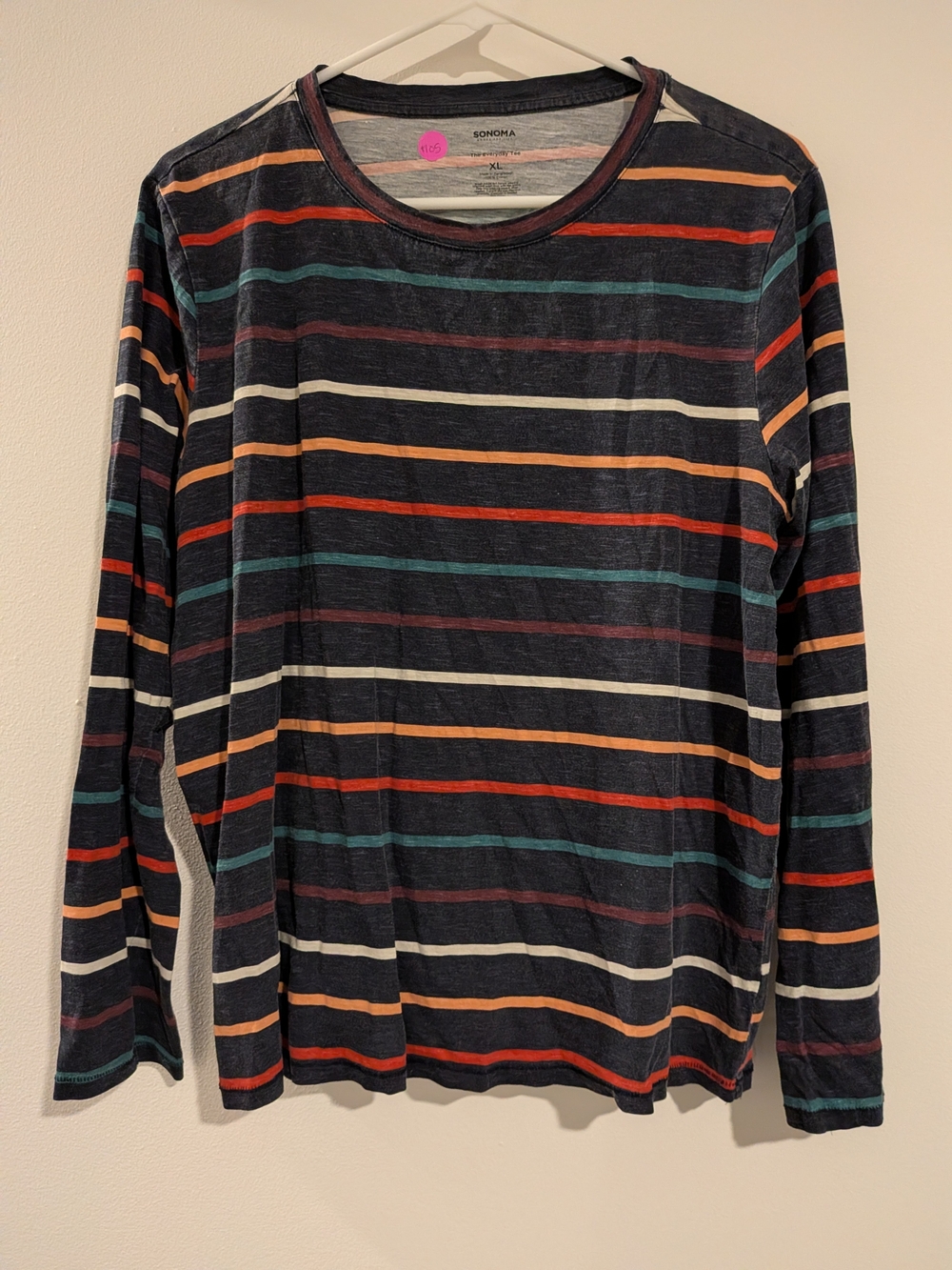 Sonoma Navy Long Sleeve Striped Tee with Teal, Red, Orange & Cream